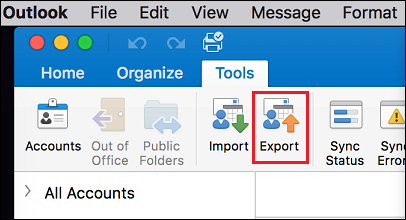 Open Outlook on the Mac PC, go to Tools tab >> choose Export.