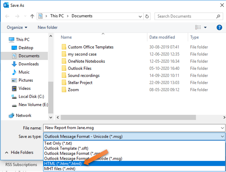 Under Save As window, select the HTML from a dropdown menu & save the Outlook mail as an HTML file in a chosen location.