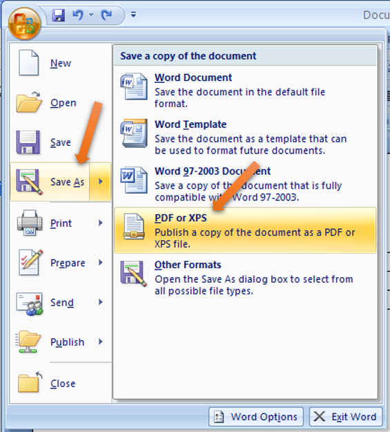 Step 4- Go to the button Microsoft Office, choose Save As >> click on PDF or XPS. 
